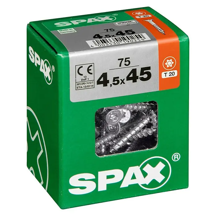 Spax T-Star plus Universalschraube T-Star plus - Ø x L: 4,5 x 45 mm, WIROX Oberfläche, T-Star plus, 75 Stk. - Eine grüne Spax-Schrauben-Box mit Schrauben der Größe 4,5x45 und T20-Antrieb, ideal für Heimwerker- und Bauprojekte.