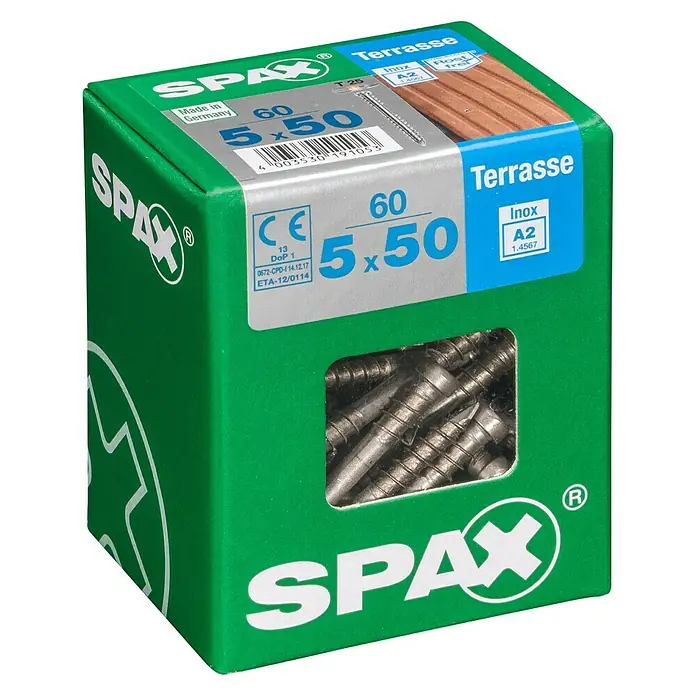 Spax Terrassenschraube T-Star Plus - Ø x L: 5 x 50 mm, Edelstahl rostfrei A2, Blank, 60 Stk. - Verpackung Spax Terrassenschrauben 5x50 mm, 60 Stück, aus rostfreiem Edelstahl A2 für den Außenbereich.