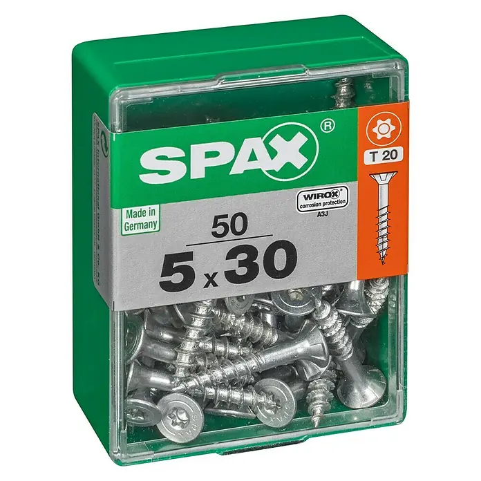 Spax T-Star plus Universalschraube T-Star plus - Ø x L: 5 x 30 mm, WIROX Oberfläche, T-Star plus, 50 Stk. - Eine grüne Kunststoffbox mit 50 SPAX Universalschrauben 5x30 mm, ideal für diverse Befestigungen im Innen- und Außenbereich.