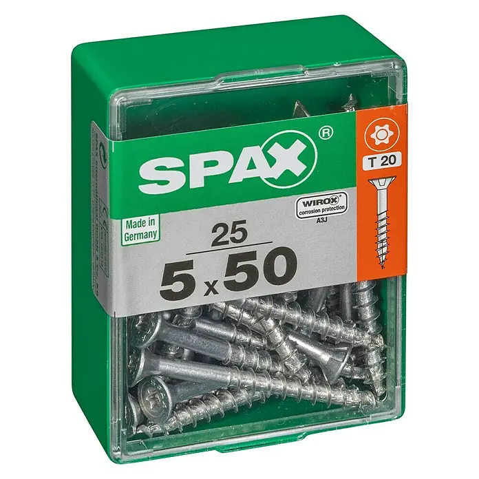 Spax T-Star plus Universalschraube T-Star plus - Ø x L: 5 x 50 mm, WIROX Oberfläche, T-Star plus, 25 Stk. - Dose mit SPAX-Schrauben 5x50 mm, ideal für Holzverbindungen. Die WIROX-Beschichtung sorgt für Korrosionsschutz und lange Haltbarkeit. T20-Antrieb für sicheren Halt.