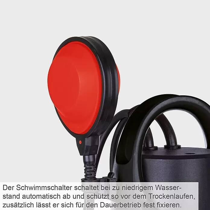 Scheppach Schmutzwasserpumpe DWP750 - Max. Fördermenge: 20.000 l/h - Roter und schwarzer Schwimmschalter einer Pumpe, schützt vor Trockenlaufen bei niedrigem Wasserstand und ist für Dauerbetrieb fixierbar.