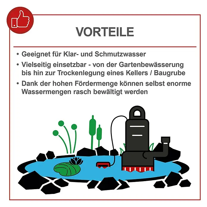 Scheppach Schmutzwasserpumpe DWP750 - Max. Fördermenge: 20.000 l/h - Vorteile einer Schmutzwasserpumpe: Geeignet für Klar- und Schmutzwasser, vielseitig einsetzbar und hohe Fördermenge für große Wassermengen.