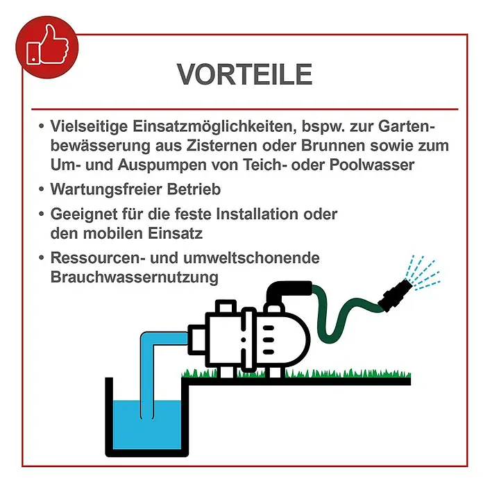 Scheppach Gartenpumpe GP1400JET - 1.300 W, Max. Fördermenge: 6.000 l/h - Vorteile der Wasserpumpe: Vielseitige Einsatzmöglichkeiten, wartungsfreier Betrieb, geeignet für feste/mobile Installation, ressourcenschonende Nutzung.
