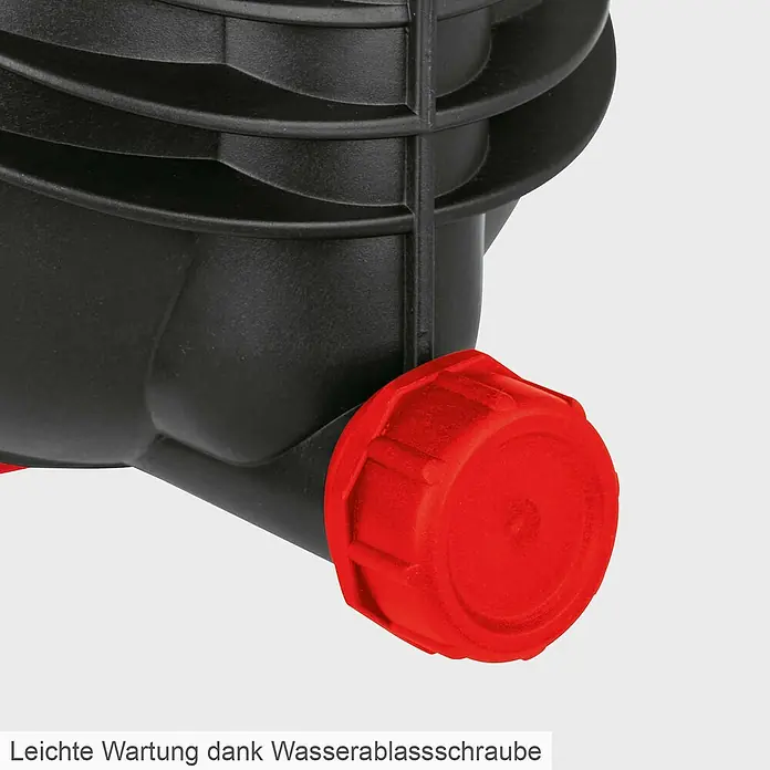 Scheppach Gartenpumpe GP1400JET - 1.300 W, Max. Fördermenge: 6.000 l/h - Detailansicht der Wasserablassschraube eines Gartengeräts, die eine einfache Wartung ermöglicht.