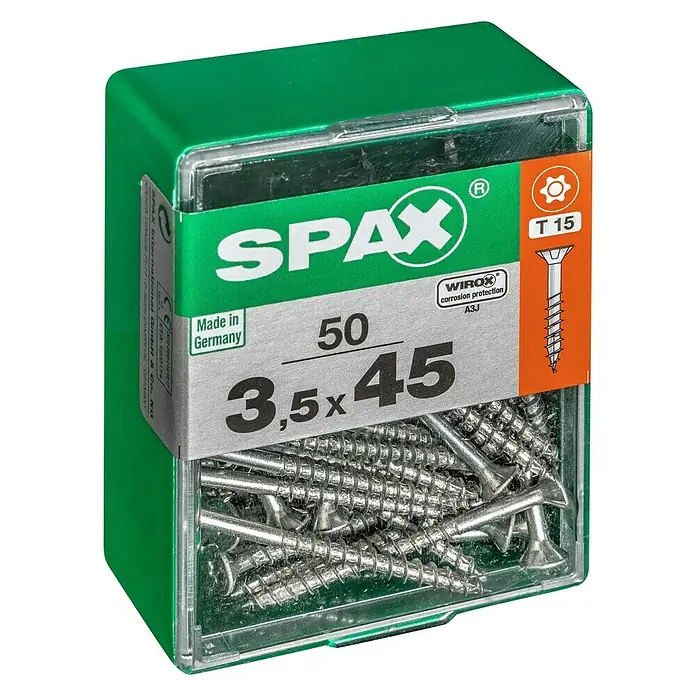 Spax Universalschraube T-Star plusØ x L: 3,5 x 45 mm, WIROX Oberfläche, T-Star plus, 50 Stk. - Dose Spax Schrauben 3,5x45mm mit Senkkopf und T-STAR plus Antrieb, ideal für Holzverbindungen im Innenbereich. Zuverlässige Qualität aus Deutschland.