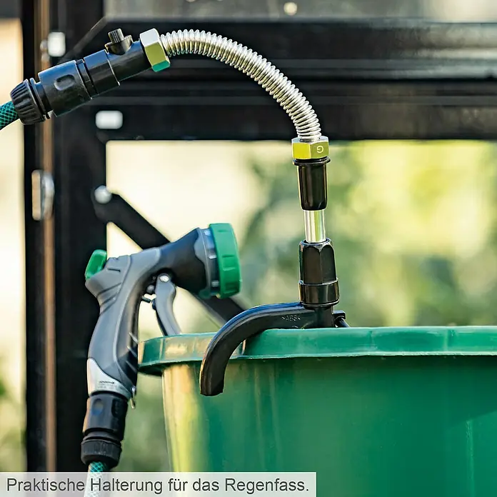 Scheppach Regenfasspumpe RBP350 - 350 W, Max. Fördermenge: 5.500 l/h - Praktische Regenfasshalterung mit Schlauchanschluss und Spritzpistole für eine einfache Gartenbewässerung.