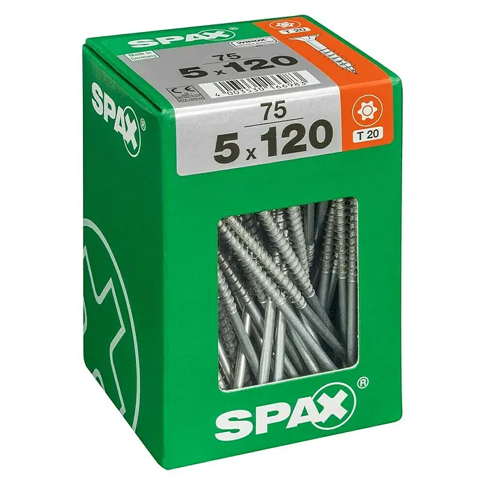 Spax T-Star plus Universalschraube T-Star plus - Ø x L: 5 x 120 mm, WIROX Oberfläche, T-Star plus, 75 Stk. - Eine grüne Spax-Schraubenbox mit der Aufschrift „75 5x120 T20“ und Schrauben durch ein Sichtfenster.