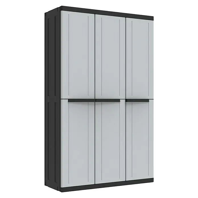 Terry Armario multiusos de plástico  CLine - L x An x Al: 39 x 102 x 166,5 cm, Número de puertas: 3 ud., Gris/Negro - Un armario de herramientas alto y gris con marco oscuro y seis puertas, perfecto para el almacenamiento.
