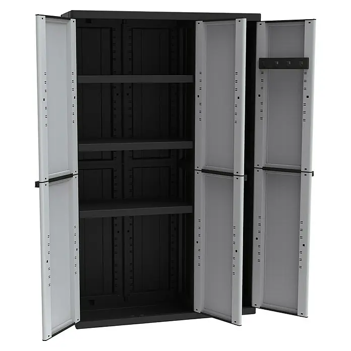Terry Armario multiusos de plástico  CLine - L x An x Al: 39 x 102 x 166,5 cm, Número de puertas: 3 ud., Gris/Negro - Armario alto de plástico gris abierto con estantes y un riel para colgar en el interior de una puerta para almacenaje.