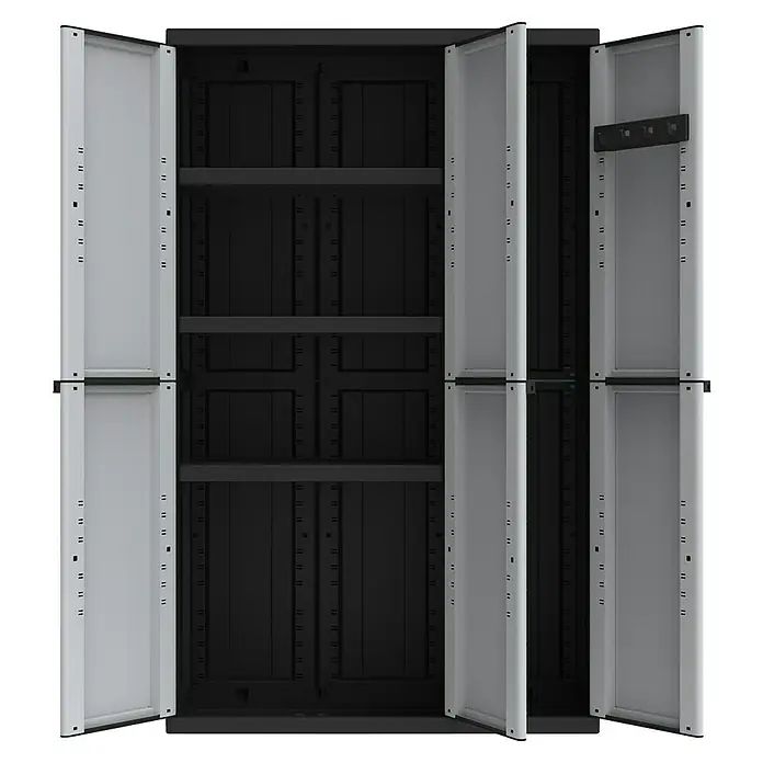 Terry Armario multiusos de plástico  CLine - L x An x Al: 39 x 102 x 166,5 cm, Número de puertas: 3 ud., Gris/Negro - Un armario espacioso de plástico gris con puertas abiertas y estantes, que ofrece un amplio almacenamiento. Ideal para garaje o sótano.