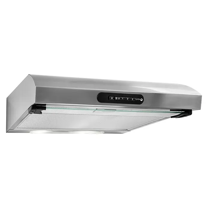 Turboair Campana integrable Moran Lux - Ancho: 60 cm, 320 m³/h, Acero inoxidable - Primer plano de una campana extractora plateada que muestra el panel de control, incluyendo un icono de luz, cuatro niveles de potencia y el logotipo del fabricante.