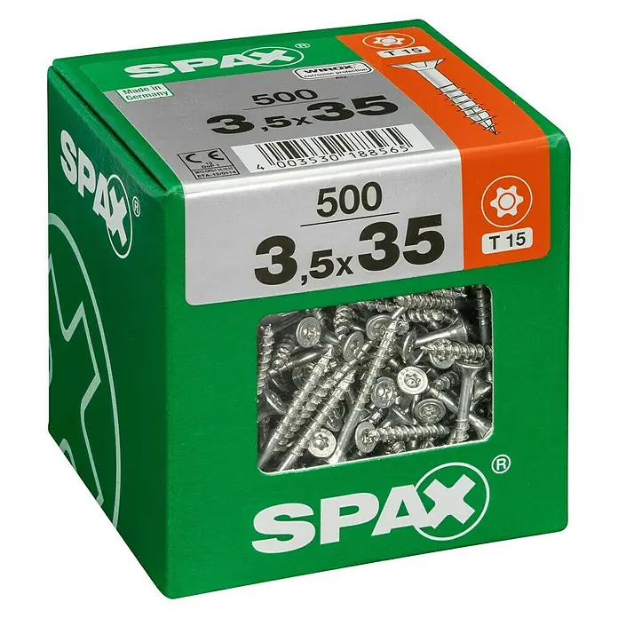 Spax T-Star plus Universalschraube T-Star plus - Ø x L: 3,5 x 35 mm, WIROX Oberfläche, T-Star plus, 500 Stk. - Eine grüne Spax-Box mit 500 Schrauben (3,5x35) und T15-Antrieb, ideal für Holzverbindungen im Innen- und Außenbereich.