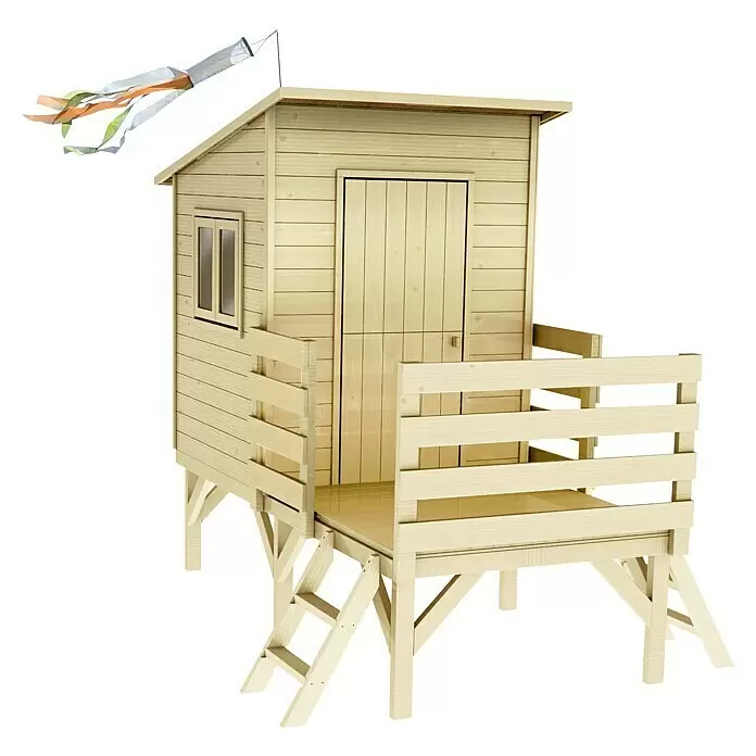 Soulet Spielhaus Oakland - L x B x H: 187 x 261 x 216 cm, Holz - Helles Holzspielhaus auf Stelzen mit Balkon, Leiter und farbigem Windsack.