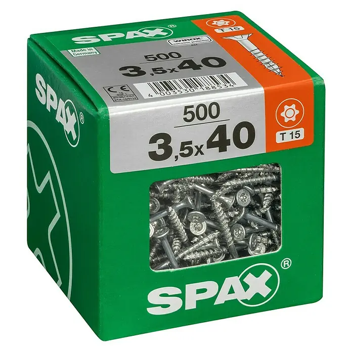 Spax T-Star plus Universalschraube T-Star plus - Ø x L: 3,5 x 40 mm, WIROX Oberfläche, T-Star plus, 500 Stk. - Eine grüne Spax-Schrauben-Box, gefüllt mit 3,5x40 Schrauben, ideal für Holzverbindungen und Heimwerkerprojekte.