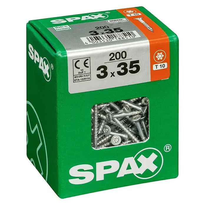 Spax Universalschraube T-Star plus - Ø x L: 3 x 35 mm, WIROX Oberfläche, T-Star plus, 200 Stk. - Dose Spax Universalschrauben 3 x 35 mm mit Senkkopf, ideal für Holzverbindungen im Innen- und Außenbereich, mit WIROX-Oberfläche für erhöhten Korrosionsschutz.