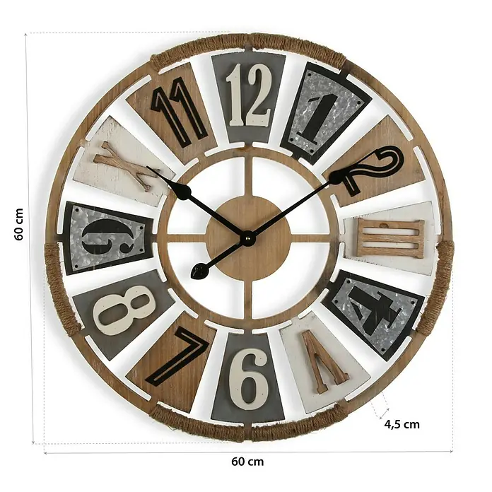Versa Reloj de pared - Diámetro: 60 cm, Marrón - Vista detallada de un reloj de pared rústico de estilo vintage con números romanos y un marco de cuerda decorativa.