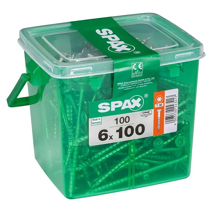 Spax Universalschraube T-Star plus - Ø x L: 6 x 100 mm, WIROX Oberfläche, T-Star plus, 100 Stk., Kunststoffbox - Eine transparente grüne Box mit Spax Universalschrauben 6x100, inklusive Deckel und Tragegriff, ideal für diverse Bauprojekte.