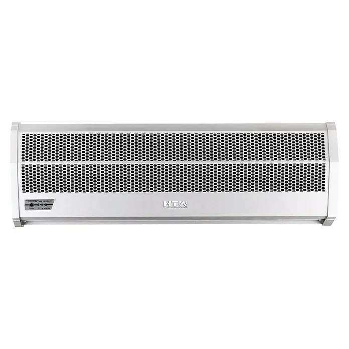HTW Cortina de aire AC12T3 - 200 W, 1.400 m³/h - Una vista cercana de un calentador blanco con una rejilla negra perforada y la inscripción "HTW".