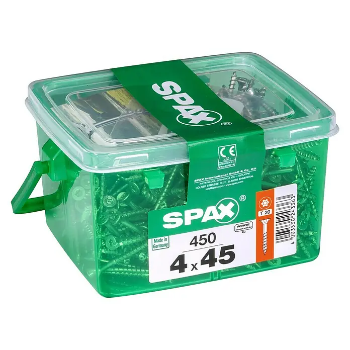 Spax Universalschraube T-Star plus - Ø x L: 4 x 45 mm, WIROX Oberfläche, T-Star plus, 450 Stk., Kunststoffbox - Eine grüne Kunststoffbox mit SPAX-Schrauben, Größe 4x45, ideal für verschiedenste Befestigungsarbeiten.