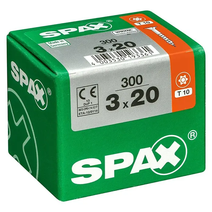 Spax Universalschraube T-Star plus - Ø x L: 3 x 20 mm, WIROX Oberfläche, T-Star plus, 300 Stk. - Eine grüne Packung SPAX Schrauben, Größe 3x20, mit 300 Stück Inhalt und T10-Antrieb.