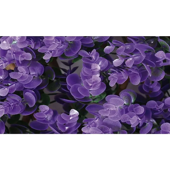 Celosía extensible Mimbre - An x Al: 2 x 1 m, Lila - Vista de cerca de hojas decorativas moradas con sutiles gotas de rocío, creando un ambiente relajante y pacífico.