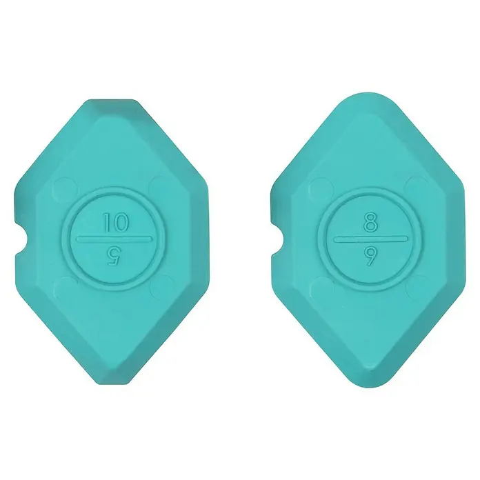 Wolfcraft Rascador de juntas - 4 pzs. - La imagen muestra dos herramientas para juntas de lechada de color turquesa con diferentes indicaciones de tamaño. Las herramientas tienen forma de diamante.
