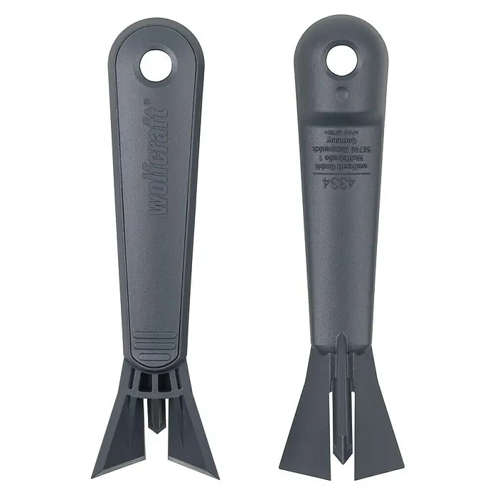 Wolfcraft Rascador de juntas - 4 pzs. - Dos vistas de un rascador de juntas gris de Wolfcraft, ideal para eliminar el mortero de juntas.