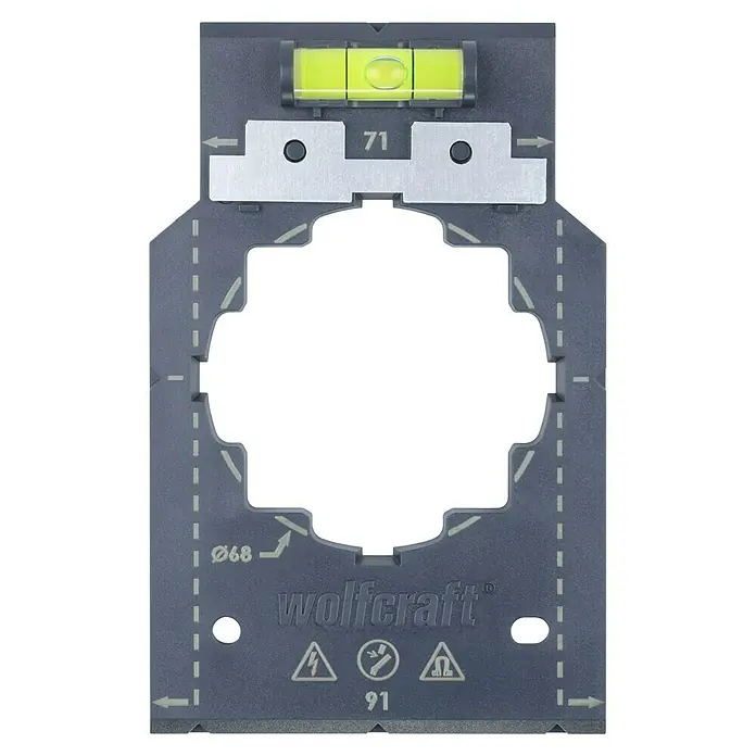 Wolfcraft Kit de accesorios - 3 pzs., Específico para: Cajas de enchufes en pared hueca - Plantilla de sierra de corona Wolfcraft con nivel integrado para cortes precisos. Ideal para cajas eléctricas y pasatubos.