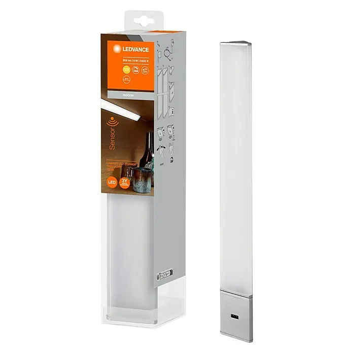 Ledvance Lámpara fluorescente LED Cabinet Corner - L x An x Al: 55 x 4,07 x 2,3 cm, Color de luz: Blanco cálido, 2 ud. - La imagen muestra una luz LED de esquina interior LEDVANCE con sensor de movimiento, perfecta para armarios y estanterías.