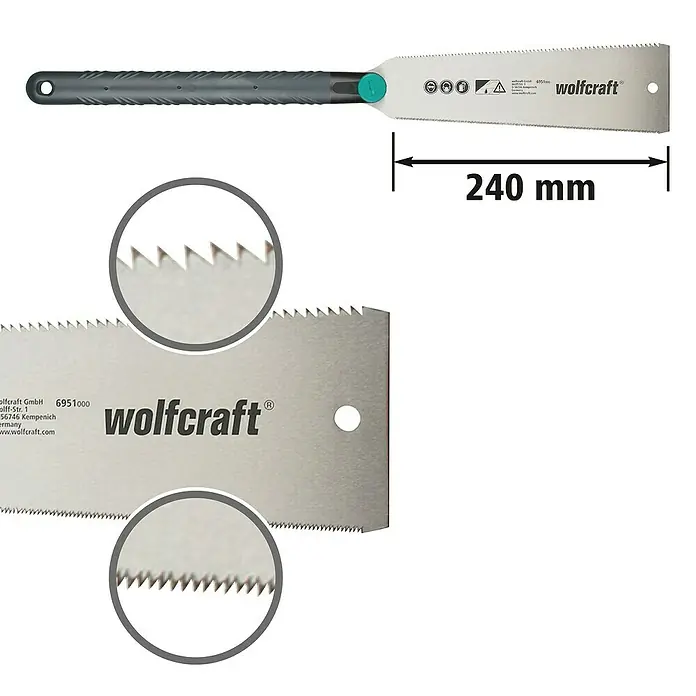 Wolfcraft Sierra japonesa Ryoba - Longitud de hoja: 240 mm - Imagen de una sierra fina Wolfcraft con mango gris y una longitud de hoja de 240 mm, ideal para cortes precisos.