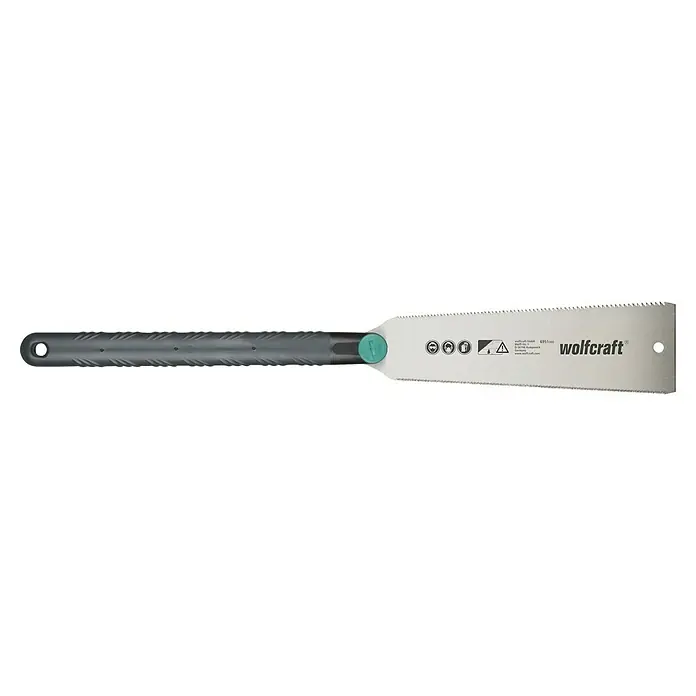 Wolfcraft Sierra japonesa Ryoba - Longitud de hoja: 240 mm - Sierra de cola de zorro Wolfcraft con mango gris y botón verde. Ideal para cortes precisos.