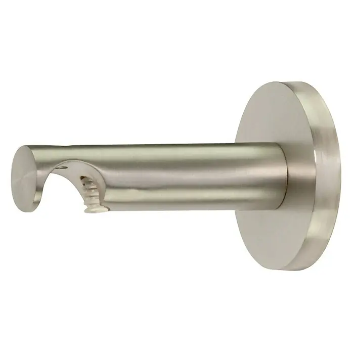 Expo Ambiente Wandträger Function - 1 Stk., Edelstahloptik, Geeignet für: Gardinenstangen Ø 16 mm - Nahaufnahme einer Gardinenstangenhalterung aus gebürstetem Nickel mit Schraubbefestigung für Wandmontage.