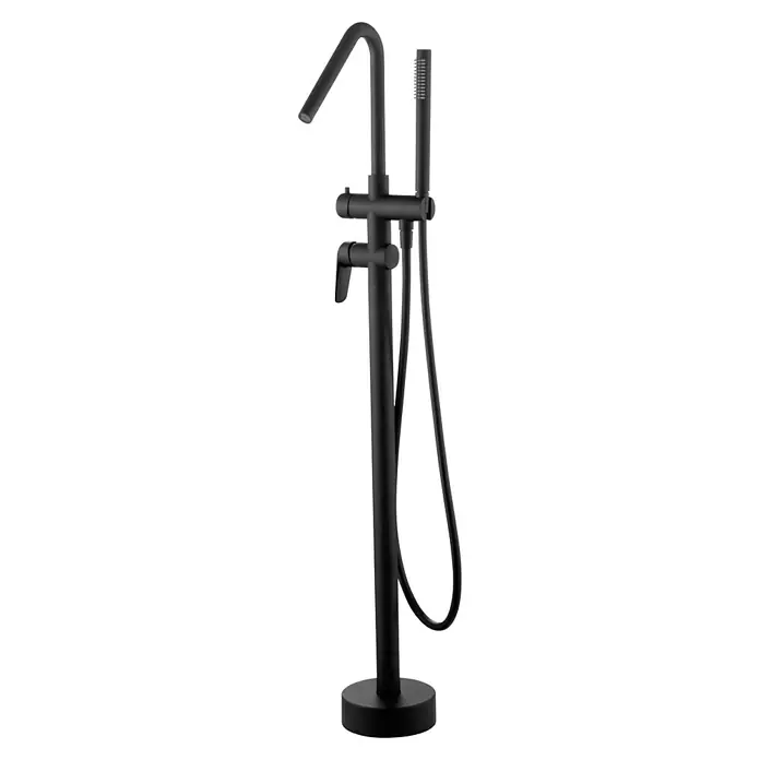 Imex Bélgica Grifo para bañera - Altura: 118 cm, Negro, Mate - Grifo de bañera exento negro mate con teleducha y diseño minimalista.