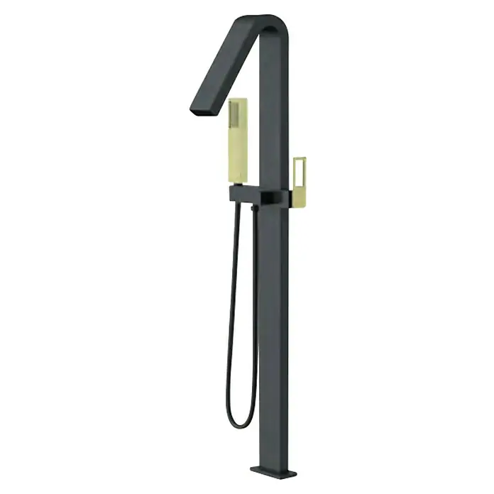 Imex Suecia Grifo para bañera - Altura: 116,5 cm, Negro/Oro, Mate - Un moderno mezclador de bañera independiente en negro mate con detalles dorados. Diseño elegante para baños modernos, manguera incluida.