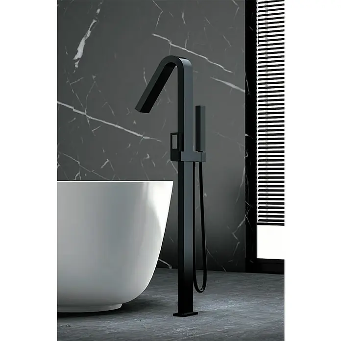Imex Suecia Grifo para bañera - Altura: 116,5 cm, Negro, Mate - Elegante grifo de bañera independiente en negro. Un elemento de diseño moderno para baños de lujo, combinando con mármol y bañeras blancas.
