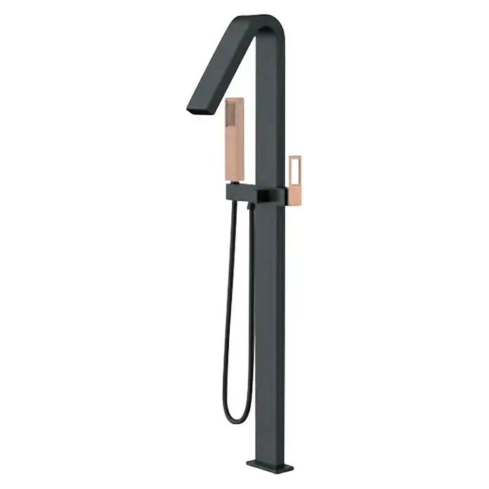 Imex Suecia Grifo para bañera - Altura: 116,5 cm, Negro/Oro rosa, Mate - Grifo moderno de pie en negro mate con detalles en oro rosa. Diseño elegante para baño, el grifo es un verdadero punto de atracción.