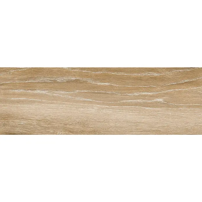 Pavimento cerámico Atelier - 19 x 57 cm, Beige, Mate - Primer plano de una superficie de madera marrón clara con vetas sutiles y más oscuras y reflejos de luz que muestran una textura natural de la madera.