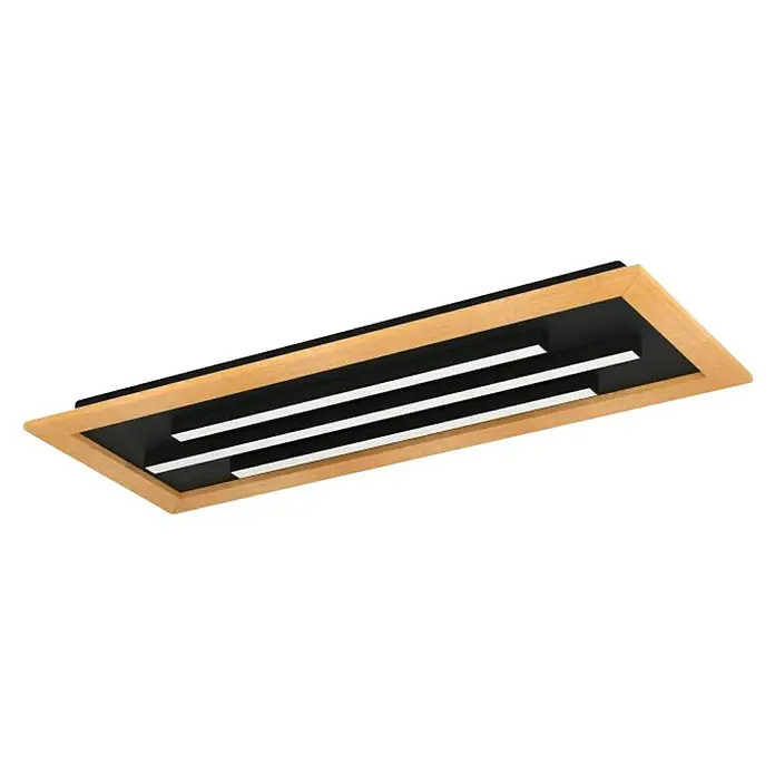 Eglo LED-Deckenleuchte Tirrenara - 37 W, L x B x H: 78 x 30,5 x 5,5 cm, Dimmbar, 2.700 K - 6.500 K - Moderne Deckenleuchte mit Holzrahmen, schwarzen Akzenten und drei LED-Leuchtstreifen für eine stilvolle und energieeffiziente Beleuchtung im Raum.