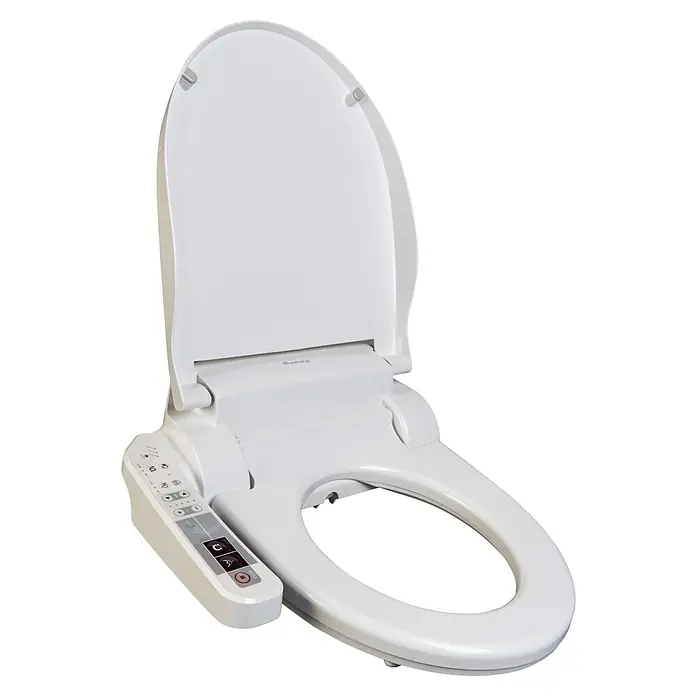 Dusch-WC-Sitz Blooming NB-1120D - Kunststoff, Weiß, Mit Absenkautomatik - Nahaufnahme eines weißen Bidet-Toilettensitzes mit Bedienfeld und geöffnetem Deckel vor einem schwarzen Hintergrund.
