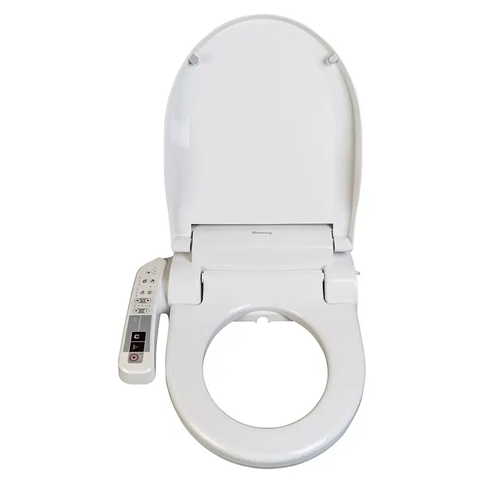 Dusch-WC-Sitz Blooming NB-1120D - Kunststoff, Weiß, Mit Absenkautomatik - Nahaufnahme einer weißen Blooming Bidet-Toilette mit hochgeklapptem Deckel, die moderne Funktionalität und Hygiene im Badezimmer verspricht.