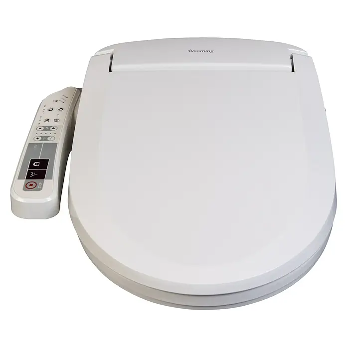 Dusch-WC-Sitz Blooming NB-1120D - Kunststoff, Weiß, Mit Absenkautomatik - Nahaufnahme einer Blooming Bidet-Toilette mit Bedienelementen, die Komfort und Hygiene vereinen.\n