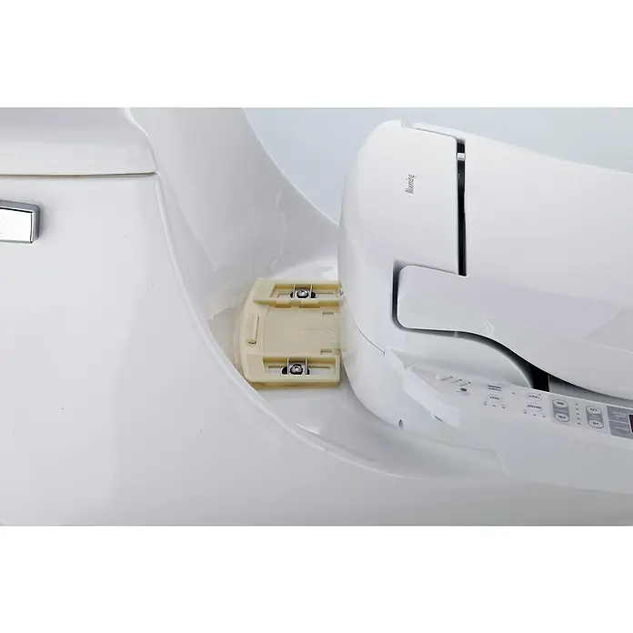 Dusch-WC-Sitz Blooming NB-1120D - Kunststoff, Weiß, Mit Absenkautomatik - Nahaufnahme eines Blooming Bidet-Aufsatzes, der auf einer weißen Toilette montiert ist und ein Bedienfeld mit verschiedenen Funktionen zeigt.