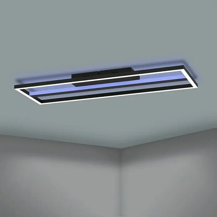 Eglo LED-Deckenleuchte Calagrano - L x B x H: 640 x 220 x 50 mm, Dimmbar, 3.000 K - 6.500 K - Modern designte Deckenleuchte mit rechteckigem Rahmen und blauer Akzentbeleuchtung für stilvolle Innenräume.