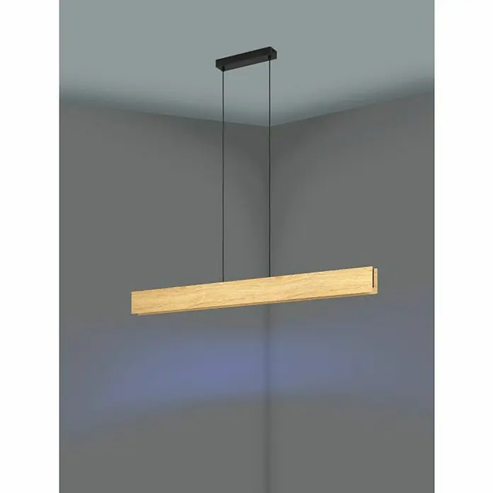 Eglo LED-Pendelleuchte Anchorena-Z - L x B x H: 1.230 x 55 x 1.100 mm, Kaltweiß, 2.700 K - 6.500 K, Dimmbar - Moderne Hängelampe mit einem Holzdesign und dunklen Aufhängungen. Die Lampe strahlt ein sanftes, indirektes Licht aus.