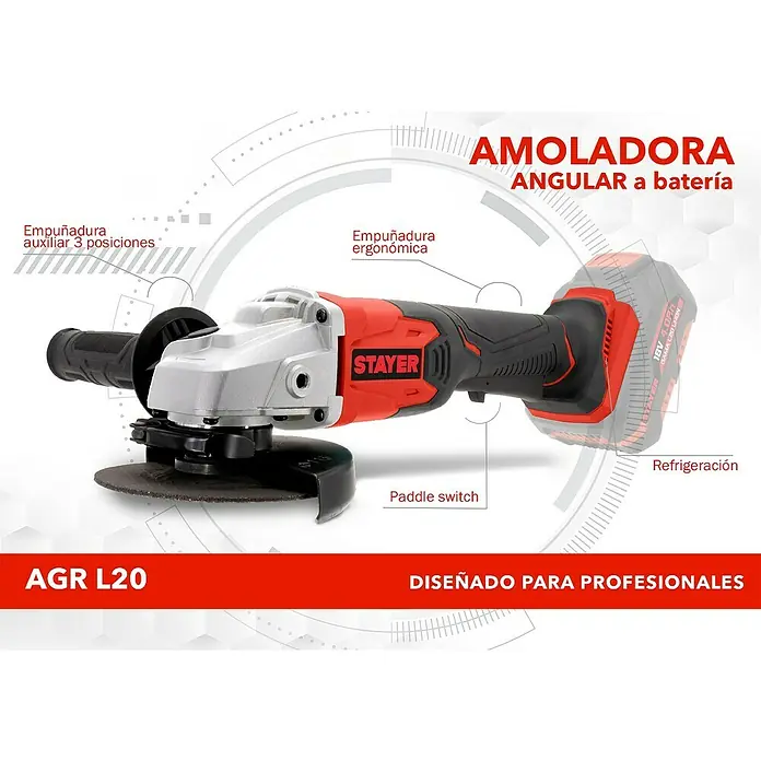 Stayer L20 Amoladora angular de batería AGR - 1 batería, 4 Ah, Diámetro disco: 125 mm - La imagen muestra una amoladora angular inalámbrica STAYER AGR L20 roja y plateada con accesorios, sobre un fondo técnico.