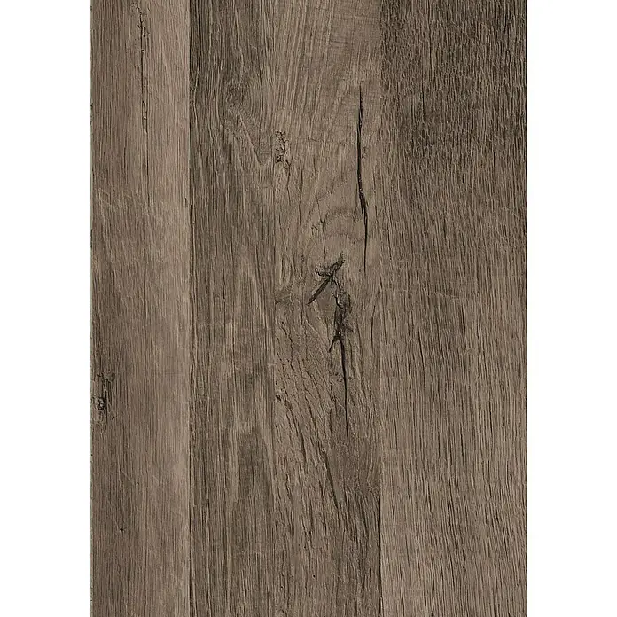 CUCINE Küchenrückwand Fixmaß - Venezia Cherry/Vintage Eiche, 410 x 64 cm, Stärke: 9,2 mm - Nahaufnahme eines rustikalen Holzpaneels mit Maserung und Astknoten, ideal für Möbel- oder Bodendesign.