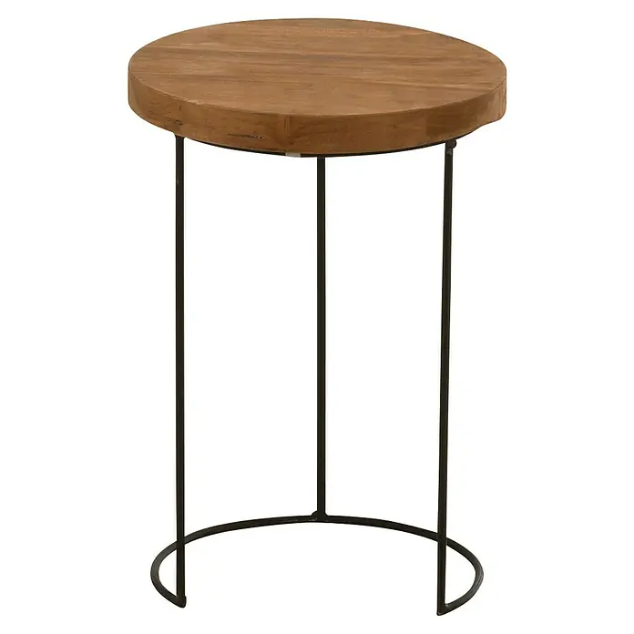 Beistelltisch - Ø x H: 28 x 41 cm, Holz - Ein runder Beistelltisch mit einer hölzernen Tischplatte und einem schwarzen Metallgestell mit drei Beinen.