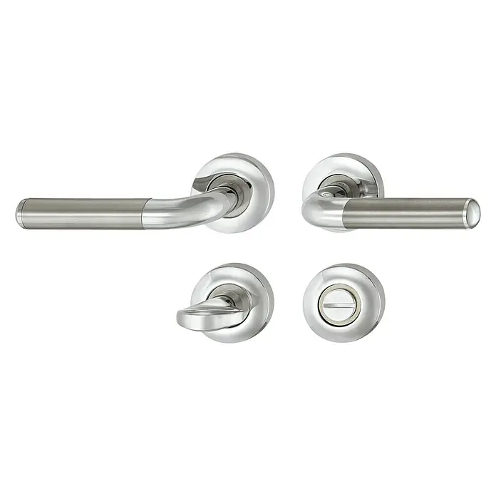 WC-Drückergarnitur Messing/Chrom - Messing - Türgriffgarnitur aus Edelstahl, bestehend aus zwei Türgriffen, einem Schlüsselknopf und einer Rosette mit Schlüsselloch.