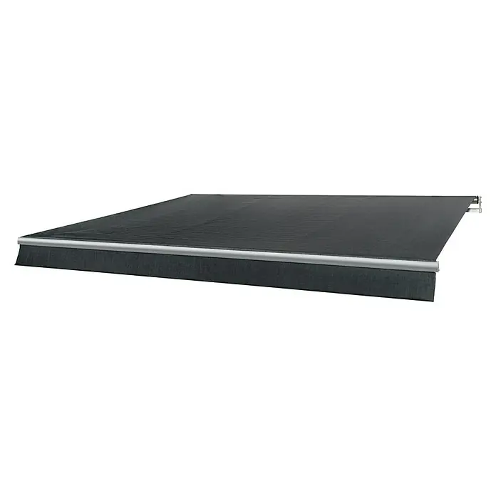 Solid Elements Gelenkarmmarkise Berlin solar - Anthrazit, Breite: 4 m, Ausfall: 2,5 m - Nahaufnahme einer schwarzen Thule Residence G3 Markise, die Schatten spendet und Privatsphäre bietet.\n