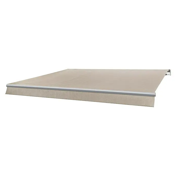 Solid Elements Gelenkarmmarkise Berlin solar - Beige/Grau, Breite: 3 m, Ausfall: 2 m - Nahaufnahme einer beigen Markise mit silberner Stange und Stoffstruktur. Sie spendet Schatten und schützt vor Sonne.